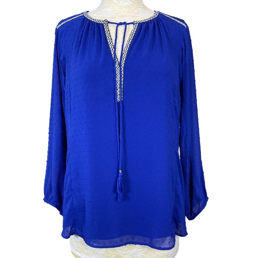 Dr2 by Daniel Rainn 3/4 Sleeve Embroidered V-Neck Tassel Tie Tunic Shirt Med
